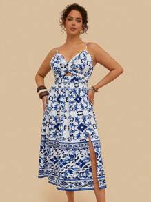 SHEIN VCAY Váy họa tiết hoa nhiệt đới xanh trắng cỡ lớn cho nữ, váy midi xoắn dây mảnh phía trước, váy xẻ tà phía trước, váy mùa thu cho nữ váy hoa xanh trắng, váy mùa hè cho nữ váy midi, váy xanh trắng cho nữ váy đi nghỉ cho nữ váy chống nắng xanh, trang phục biểu diễn cho nữ, quần áo phong cách boho cho nữ váy hoa rave cho nữ váy dự tiệc cưới cong - Xanh và trắng - Xem 6