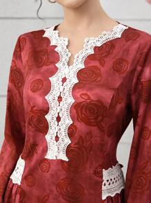 Al Najma Women's Elegant Vintage Romantic Palace Style Rose Print Tie Waist Long Sleeve Everyday Arabic Dress