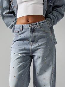 MISSGUIDED Studded Wide Leg Statement Jeans Festival Embellished Distressed Vintage Y2K Style Rhinestone Denim Pants Dance Party Occasion - Baby Blue - View 4
