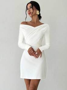 Firerie Vestido mini blanco de línea A con cuello asimétrico con volantes, elegante y minimalista, adecuado para ir al trabajo, festivales de música y vacaciones - Blanco - Ver 9