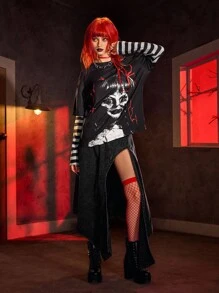 ANNABELLE x SHEIN Women's Horror Figure Graphic Round Neck Long Sleeve T-Shirt - Black - View 6