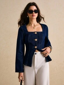 Poéselle Women's Square Neck Long Sleeve Single-Breasted Casual Denim Coat Navy Blue Denim Coat Denim Top Women - Dark Wash - View 4