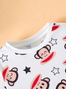 Paul Frank X SHEIN Bộ 2 áo thun dài tay cổ tròn in hình khỉ cho bé gái và váy yếm đỏ - Đỏ và trắng - Xem 4