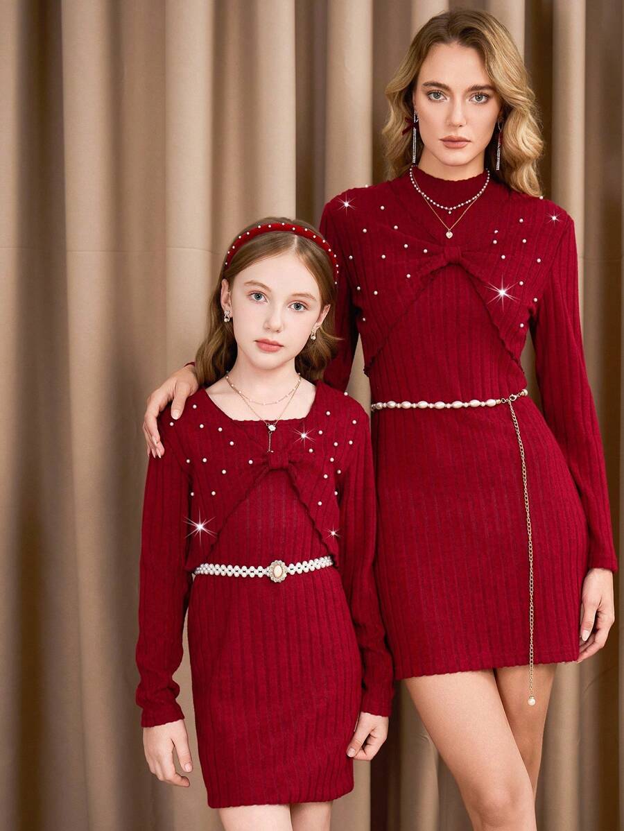 女式勃艮第纯色简约无袖连体裤和长袖夹克两件套，合身 - 酒紅色 - 查看 1