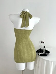Elamini 1 件女士橄榄绿色提花修身紧身迷你连衣裙，露背系带，优雅秋季 - 橄欖綠 - 查看 2