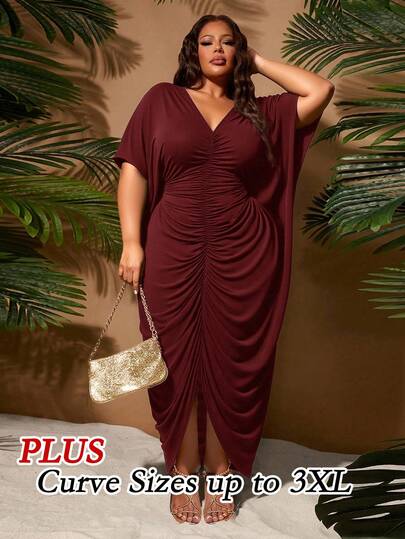 SHEIN SXY Plus Size Women's Spring, Fall, Autumn And Winter, Elegant And Sexy Solid Color Concave Pleated Design Fashionable Front Slit Dress, Suitable For Daily Wear, Music Festivals, Concerts, Rave Parties, Bohemian Style, Outings, Beach Vacations, Rich Layers, Festivals, Date Nights, Birthdays, Bachelorette Party Outfits,,Fall Clothes For Women