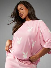 Missguided x Playboy Bunny Logo All Over Print Oversized Tee Lounge Wear Comfort Casual Summer Streetwear Graphic T-Shirt - Pink - View 5