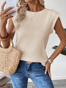 Easowa Áo thun trơn màu trơn dáng rộng cho nữ, mùa hè - Màu Khaki - Xem 5