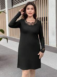 SHEIN LUNE Valentine's Day Dress Women Casual Lace Patchwork Long Sleeve Mini Dress, Simplistic Designvalentine Day - Black - View 5