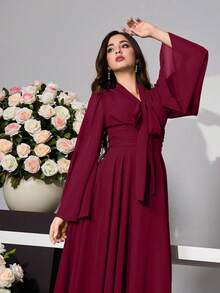 Modelyn Đầm suông tay loe cổ thắt nút thanh lịch cho nữ, màu trơn - Màu Đỏ Sâu - Xem 7