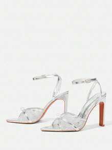 CUCCOO HITCHD Silver Metal PU Mesh Splice Faux Pearl Decor Strap Pointed Toe Elegant High Heel Party Sandals Elegant Shoes Wedding Shoes - Silver - View 10