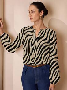 Glamance Pati Paints 斑马纹咖啡色休闲简约动物图案印花女衬衫，适合秋季通勤穿斑马纹衬衫条纹衬衫长袖衬衫女衬衫斑马上衣