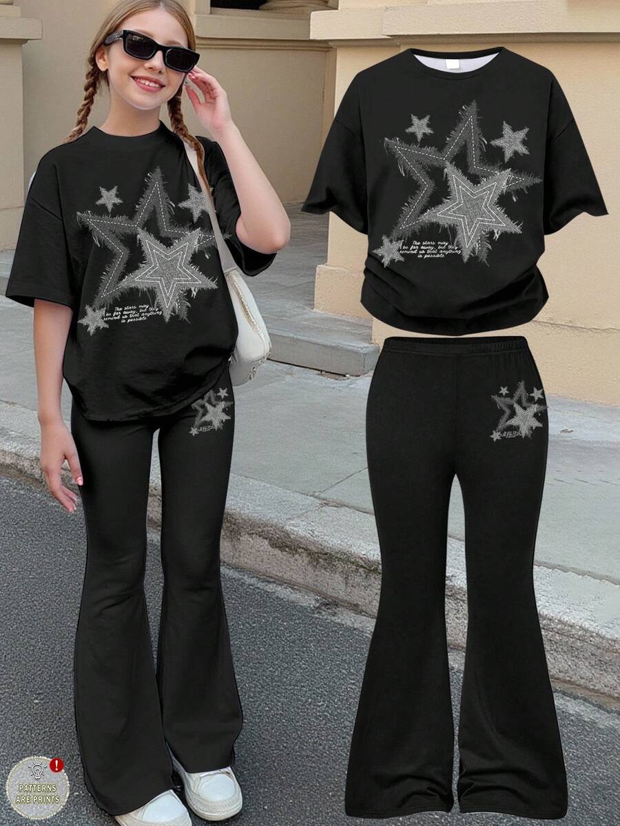 SHEIN 青少年女孩休闲简约五角星印花黑色短袖上衣和裤子两件套,适合夏季,图案T恤,街头潮流,朋克,复古,返校服装,节日服装,可爱,卡哇伊,女孩服装套装,青少年女孩服装,女孩服装,儿童,返校,返校节,校服,休闲,针线活 - 彩色 - 查看 1