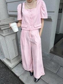 K-Vae Women's Fall Pink Celebrity Style Square Neck Short Puff Sleeve Single-Breasted Top And Wide-Leg Pants Casual Two Pieces Suit,Fall Outfits Women , Going Out Outfits,Old Money - Pink - View 5