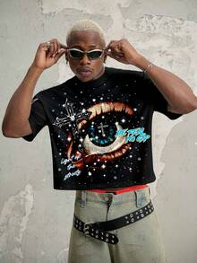 Manfinity EMRG High Quality Oversized Cropped T-Shirt With Rhinestone Cross Graphic - Black - View 7