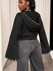 BamGleam Áo hoodie ngắn tay loe trang trí nhẫn phong cách Punk thời trang - màu đen - Xem 2