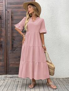 Faunlyn Vestido casual suelto de mujer con cuello en V, mangas acampanadas y volante en el bajo - Rosa - Ver 5