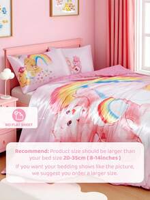 SHEIN X Care Bears 3 件套粉色可爱卡通熊床上用品套装，缎面面料，柔软透气，多种尺寸适合单人床/双人床/大号床/特大床，适用于卧室装饰