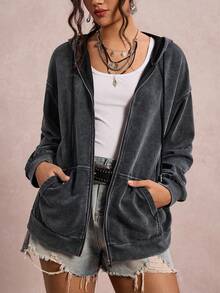 SHEIN LUNE Plus Size Casual Distressed Snowflake Hooded Jacket Oversized Zip Up Hoodie Grey Jacket Grunge Fall Winter For Going Out - Blue - View 6