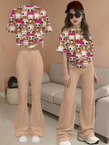 SHEIN Bộ 2 áo thun và quần dài họa tiết hoạt hình dễ thương cho bé gái tuổi teen, màu hồng và nâu, thích hợp cho mùa hè - Nhiều màu - Xem 1