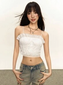 INAWLY Y2K 女子组合镂空刺绣蕾丝短款吊带背心夏季上衣 - 白色 - 查看 4