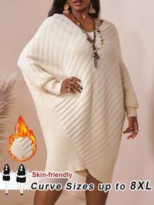 SHEIN CURVE+ 加大码蝙蝠袖交叉裹身毛衣，适合女士日常秋季服装、冬季、CURVE/秋冬 - 杏色 - 查看 3