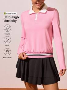 CourtClass Camisa polo deportiva de manga larga con media cremallera y estampado de rayas de contraste, conjunto de tenis rosa para mujer, ropa de tenis de manga larga, parte superior de golf para mujer, camisetas de tenis para mujer