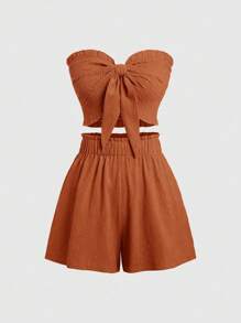 Sweetra 2pcs Solid Color Cropped Camisole Top And Elastic Waist Shorts Set, Slim-Fit