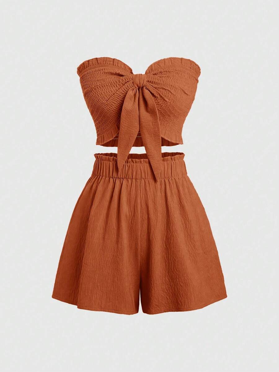 Sweetra 2pcs Solid Color Cropped Camisole Top And Elastic Waist Shorts Set, Slim-Fit