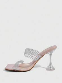 CUCCOO SZL Women's Transparent TPU Rhinestone Strap Sexy Fashion Square Toe Glass Cup Heel Nightclub Elegant High Heel Sandals - Apricot - View 10