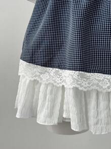 Sunspun 加大码蕾丝下摆格子抹胸上衣搭配格子围巾装饰 - 藍色 - 查看 5