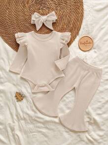 SHEIN Vintaside Kids 嬰兒女寶寶分層荷葉邊連體褲套裝 和喇叭褲和頭帶