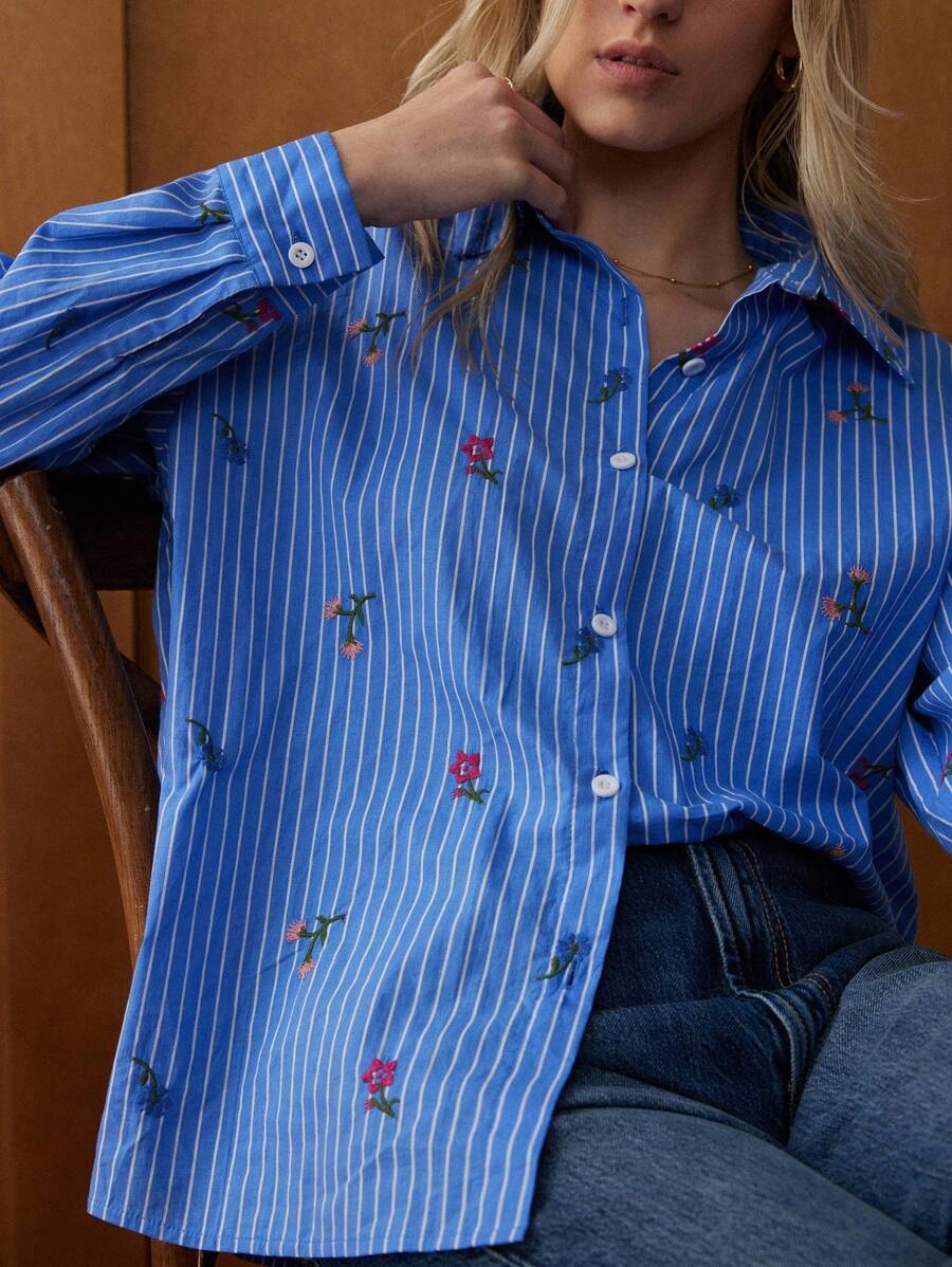 Écloséra French Retro Casual Striped Embroidered Long Sleeve Autumn Women's Loose Ladies Shirt Women's Office Wear Women's Button Shirt Women's Going Out Tops