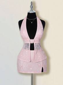 SHEIN ICON 女式蝴蝶结刺绣亮片两件套，心形水钻纽扣短款上衣和紧身裙，性感又 - 粉色 - 查看 1