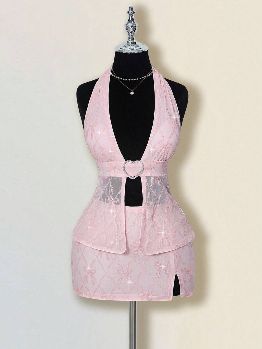 SHEIN ICON 女式蝴蝶结刺绣亮片两件套，心形水钻纽扣短款上衣和紧身裙，性感又 - 粉色 - 查看 1