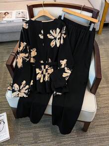 Linhara Damen Große Größen 2 Stücke Set mit Blume Muster, Schleife, Crop Top und weite Schlupfhose, koreanischer Lässig Pendler vielseitiger Urlaubs-Elegant Outfit - Schwarz - Übersicht 2