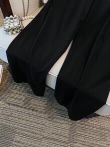 Linhara Damen Große Größen 2 Stücke Set mit Blume Muster, Schleife, Crop Top und weite Schlupfhose, koreanischer Lässig Pendler vielseitiger Urlaubs-Elegant Outfit - Schwarz - Übersicht 6