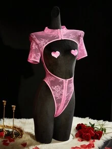 SpicyHot 2 件套蕾丝拼布镂空拉链裆部超性感内衣套装，情人节，外出 - 玫紅色 - 查看 5