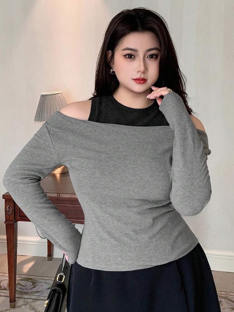 Dazy Plus Plus Size Women Elegant Off Shoulder Long Sleeve 2 In 1 T-Shirt
