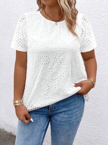 EMERY ROSE Plus Size Women Casual Embroidery Splice Lace Trim Round Neck Holiday Backless Split Sleeve T-Shirt - White - View 2