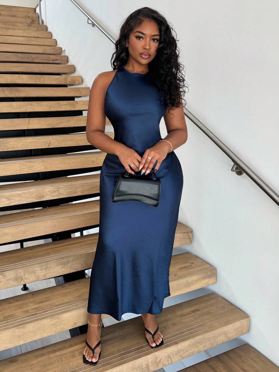 Alexandranx 简约优雅斜裁双面缎纹醋酸纤维面料 A 字型无袖连衣裙，凸显女性魅力 - 藏蓝色 - 查看 1