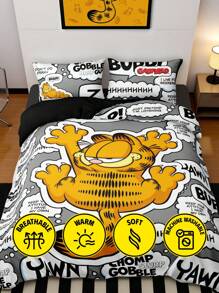 GARFIELD | SHEIN 3 件字母和卡通图案床上用品套装，拉绒面料，柔软温暖，黑色羽绒被套，适合单人/双人/大号/特大号床，适用于卧室装饰 - 灰色 - 查看 4