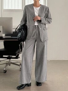 DAZY Costum casual din denim pentru femei, cu decolteu în V, lejer, cu dungi, sacou și pantaloni lejeri cu picior drept, 2 piese - Gri - Vizualizare 5