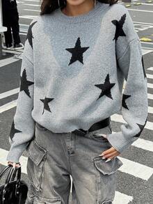 DAZY 女式宽松圆领印花街头风毛衣秋季 - 灰色 - 查看 2