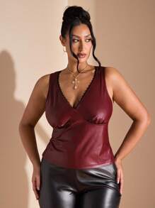 SHEIN BAE 休闲百搭时尚性感修身V领大码女式背心 - 酒紅色 - 查看 1