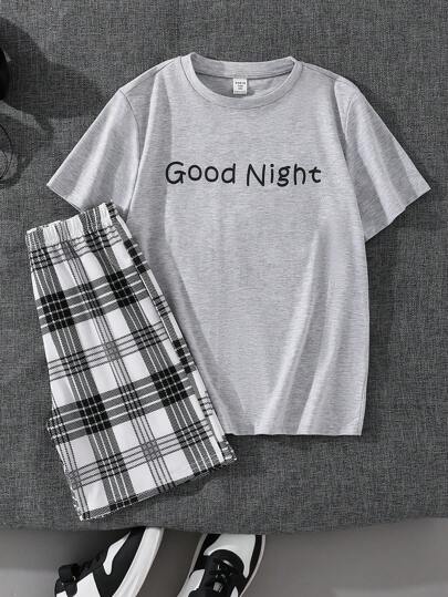 SHEIN 2 件青少年男孩休闲圆领图案短袖 T 恤和格子短裤睡衣套装