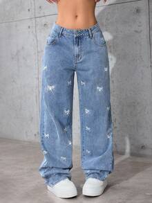 SHEIN Tall 女式低腰蝴蝶刺绣水钻水洗直筒宽松牛仔裤 - 中等水洗藍 - 查看 5