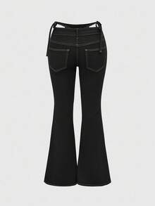 ROMWE J-Fashion Jeans de mezclilla con bordados de estampados de leopardo, cebra, rayas verticales y patchwork, estilo Y2K Baddie - Azul - Ver 2