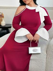Modelyn Plus Size Women Tie Bow Ruffle Shoulder Rhinestone Embellished Bodycon Elegant Dress, Suitable For Commute And Party - Red - View 3