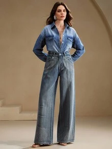 Anewsta Elegant Rhinestone Embellished Blue Denim Blouse, Suitable For Fall, Winter, New Year, Elegant, Chic, Stylish, Christmas, Going Out - Blue - View 7